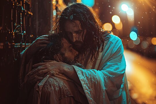 Jesus hugs a person.	