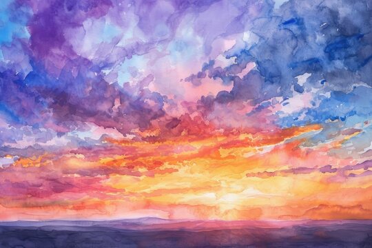 Watercolor sunset sky with warm clouds and sun