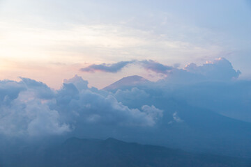 Silhouette of Mount Agung, at sunset, from the observation deck of Lahangan Sweet, on the island of Bali, Indonesia