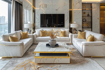 modern luxury fully furnished living room with white & gold accents high detail, photo 8k --ar 3:2 --style raw --stylize 250 Job ID: 8ce48eb1-80e5-485c-a0e0-1d3942548f90 - obrazy, fototapety, plakaty