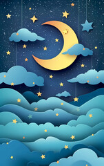 Paper art of crescent moon and clouds decorated with stars in the night sky. paper cut and craft style.	