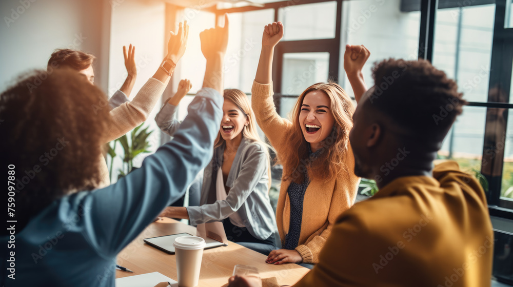 Sticker group of professionals in an office setting, celebrating a success with raised arms and joyful expre