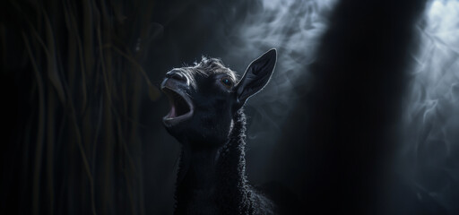 portrait of a screaming goat over a dark background with copy space - obrazy, fototapety, plakaty