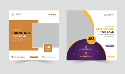 Modern furniture sale social media post design template, Instagram ads, square template, Minimal furniture sales banner.