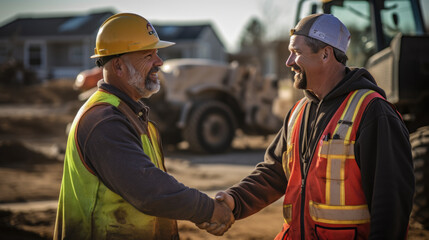 Two smiling construction workers, shaking hands at a construction site with heavy machinery in the background