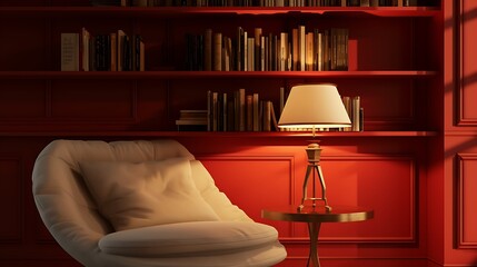 Obraz na płótnie Canvas a serene ambiance with a table lamp illuminating a selection of books on a pristine red shelf, while a comfortable curved armchair invites relaxation in a 3D-rendered composition