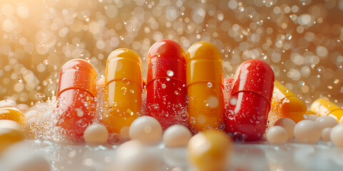 Various pills colored capsules of bio supplements and vitamins and multivitamins on a beige...