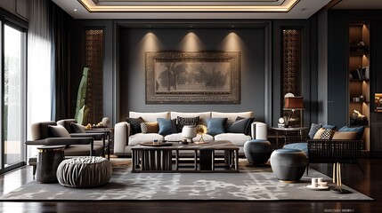 a serene and elegant Asian Indian living room with a modern twist, characterized by a prominent dark grey color scheme. Utilize generative AI to bring this vision to life with intricate details - obrazy, fototapety, plakaty