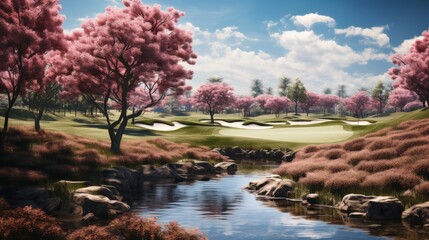 A serene painting of a golf course with vibrant pink trees under a clear blue sky