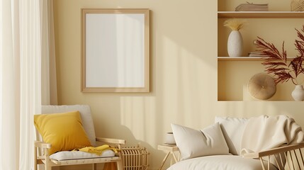 a serene beige living room with a shelf, art decorations, and a prominent yellow framed mockup