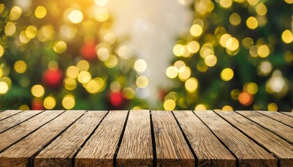 Naklejka na ściany i meble empty wooden table top with gold shiny bokeh festive christmas new year background for product placement or montage with focus to the table top