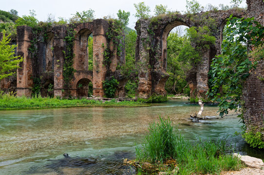 View of the archaeological site of the Roman aqueduct of the ancient Nikopolis in Epirus, Greece