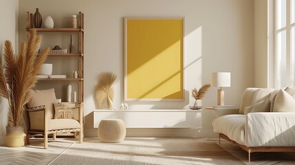a serene beige living room with a shelf, art decorations, and a prominent yellow framed mockup