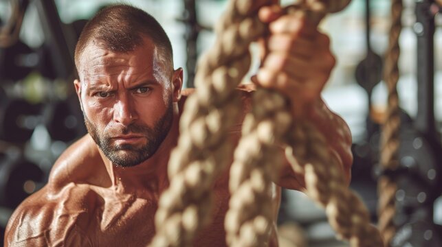 Portrait of a strong muscular man with ropes in the gym.