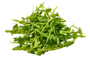 Fresh vegetarian arugula salad, isolated on white background. High resolution image.