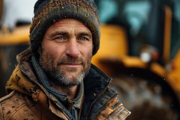 Obraz premium Male farmer standing in front of tractor.