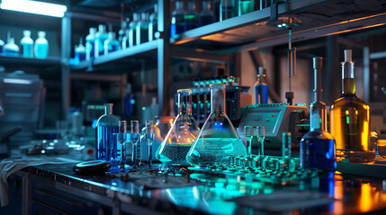 An immersive view of a laboratory bench cluttered with beakers, flasks, and scientific equipment, suggesting ongoing experiments and discoveries. 8K - obrazy, fototapety, plakaty