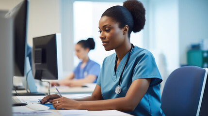 Healthcare worker in blue scrubs writing on a medical chart, indicating a busy hospital or clinic setting.