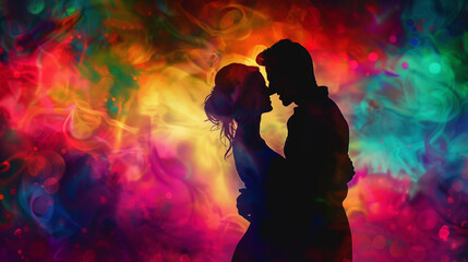 Side view silhouette of young couple dancing against colored dramatic background.