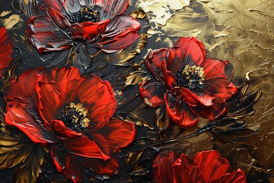 Oil painting of red flowers with gold.