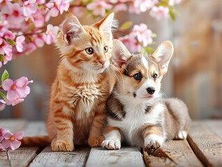 a young golden tabby cat and an adorable corgi puppy in studio portrait with spring decoration background