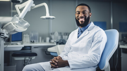 Cheerful dentist man wearing a lab coat standing in a dental clinic with a dental chair and equipment in the background. - obrazy, fototapety, plakaty