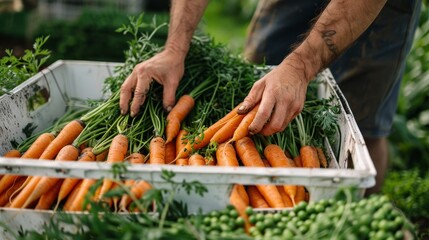 A man meticulously selects fresh carrots from a rustic wooden box