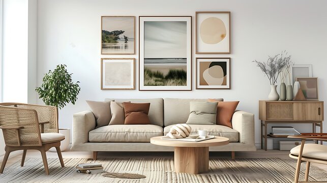 a serene living room ambiance with an AI-generated image wall featuring calming landscapes and serene artwork displayed in wooden mockup frames