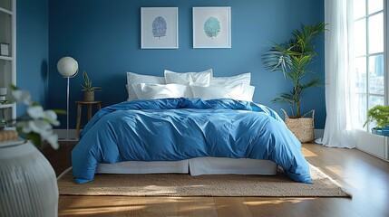 Bed With Blue Comforter by Window