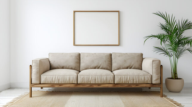 Photo of a sofa against a light wall and a carpet on the floor. The interior is complemented by a palm tree and an empty picture frame on the wall. Modern style in beige tones.