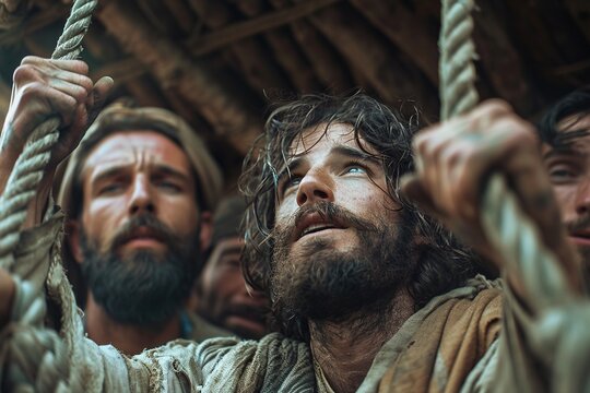 The four friends of the paralytic carry out an act of faith by lowering him through the roof so that Jesus can heal him. Bible story.