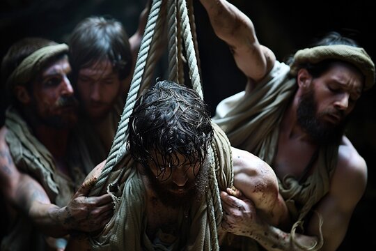 The four friends of the paralytic carry out an act of faith by lowering him through the roof so that Jesus can heal him. Bible story.
