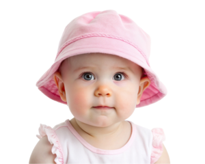 Cute baby girl in Pink hat, isolated on transparent background.