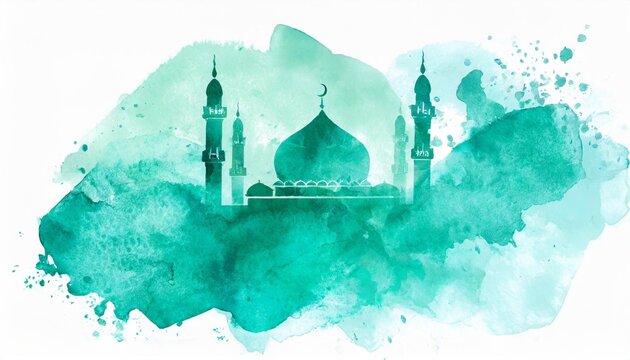 abstract aquamarine watercolor stain texture background with mosque silhouette for eid greeting card abstract art