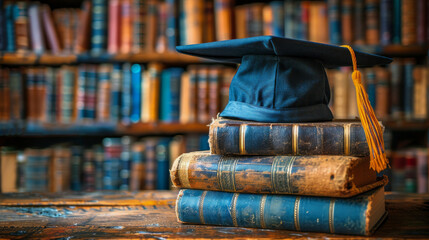 Stack of Books With Graduation Cap