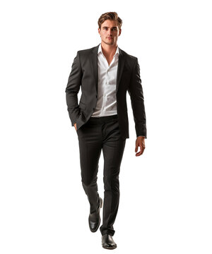 a handsome young man is walking wearing a black suit isolated on a transparent background