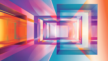 Geometric abstract background. Elements of surreal architecture. Abstract horizontal banner. 80's graphic design style. Purple and orange colors. Digital artwork raster bitmap. AI artwork.