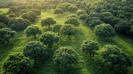 Aerial View of a Lush Green Forest - obrazy, fototapety, plakaty
