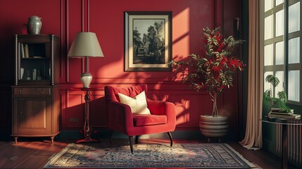 a social media caption that would accompany the image, red color theme, emphasizing the warmth and style of the home decor while encouraging engagement from followers