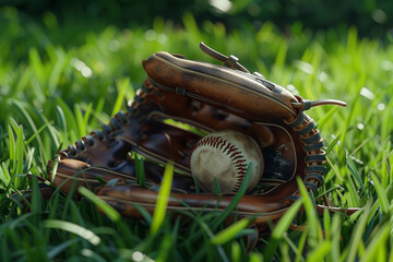 An old used baseball ball in a glove on the grass