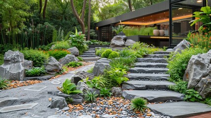 Lush Garden Filled With Rocks and Plants