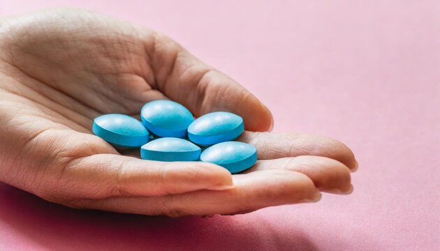 female hand with blue pills on pink background
