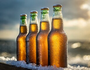A row of ice-cold beer bottles, glistening with condensation, promises refreshment on a hot summer day.4