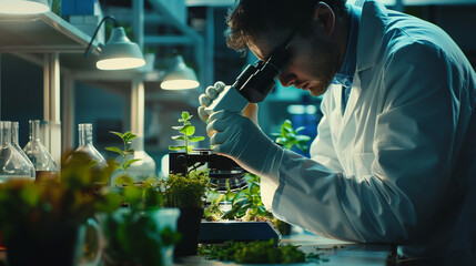 A captivating snapshot of a laboratory technician inspecting plant tissue samples under a...