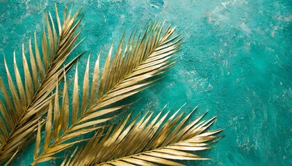 Naklejka na ściany i meble three gold painted date palm leaves on desaturated turquoise background