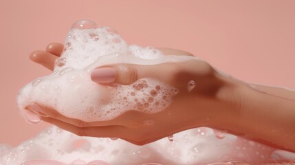 close-up of female hands with soap foam, cosmetic cleanser