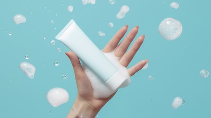 female hand holding a white cosmetic tube with cleanser, shower gel or shampoo on a turquoise background with foam and splashes - obrazy, fototapety, plakaty