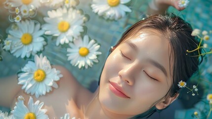 close-up of the face of a beautiful asian  young woman in water with flowers. Spa care concept