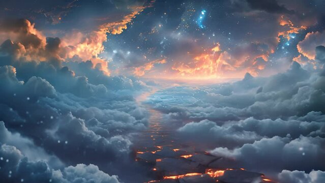 hyperrealistic, dreamy, stairway to heaven, clouds and starry night,generative ai