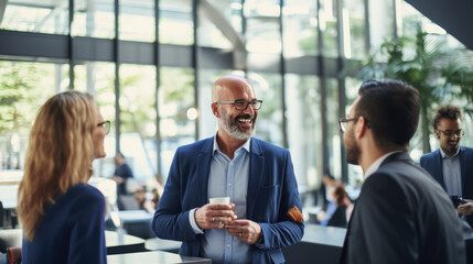Smiling men in business casual attire with glasses are engaged in a friendly conversation in a modern office setting